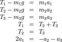\begin{array}{rcl}
T_1-m_1g & = & m_1a_1\\
T_2-m_2g & = & m_2a_2\\
T_3-m_3g & = & m_3a_3\\
T_1 & = & T_2+T_3\\
T_2 & = & T_3\\
2a_1 & = & -a_2-a_3
\end{array}