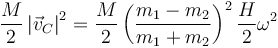 \frac{M}{2}\left|\vec{v}_C\right|^2 =  \frac{M}{2}\left(\frac{m_1-m_2}{m_1+m_2}\right)^2\frac{H}{2}\omega^2