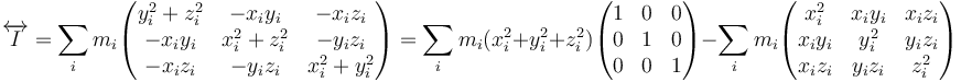 \overleftrightarrow{I}=\sum_i m_i\begin{pmatrix}y_i^2+z_i^2 & -x_iy_i & -x_iz_i\\ -x_iy_i & x_i^2+z_i^2 & -y_iz_i \\ -x_iz_i & -y_iz_i & x_i^2 + y_i^2\end{pmatrix}=\sum_i m_i(x_i^2+y_i^2+z_i^2)\begin{pmatrix}1 & 0 & 0 \\ 0 & 1 & 0 \\ 0 & 0 & 1\end{pmatrix}-\sum_i m_i\begin{pmatrix}x_i^2 & x_iy_i & x_iz_i\\ x_iy_i & y_i^2 & y_iz_i \\ x_iz_i & y_iz_i & z_i^2\end{pmatrix}
