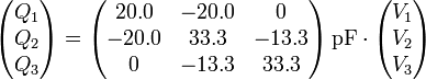 \begin{pmatrix}Q_1 \\ Q_2 \\ Q_3\end{pmatrix}=\begin{pmatrix} 20.0 & -20.0 & 0 \\ -20.0 & 33.3 & -13.3 \\ 0 & -13.3 & 33.3\end{pmatrix}\,\mathrm{pF}\cdot\begin{pmatrix}V_1 \\ V_2 \\ V_3\end{pmatrix}