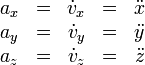 \begin{array}{ccccc}
a_x & = & \dot{v}_x & = & \ddot{x} \\
a_y & = & \dot{v}_y & = & \ddot{y} \\
a_z & = & \dot{v}_z & = & \ddot{z} 
\end{array}