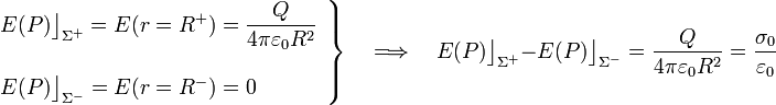 \left.\begin{array}{l}\displaystyle E(P)\big\rfloor_{\Sigma^+}=E(r=R^+)=\frac{Q}{4\pi\varepsilon_0R^2}\\ \\
 E(P)\big\rfloor_{\Sigma^-}=E(r=R^-)=0\end{array}\right\}\quad\Longrightarrow\quad E(P)\big\rfloor_{\Sigma^+}-E(P)\big\rfloor_{\Sigma^-}=\frac{Q}{4\pi\varepsilon_0R^2}=\frac{\sigma_0}{\varepsilon_0}