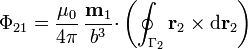 \Phi_{21}=\frac{\mu_0}{4\pi}\,\frac{\mathbf{m}_1}{b^3}{\cdot}\left(\oint_{\Gamma_2}\mathbf{r}_2\times
\mathrm{d}\mathbf{r}_2\right)
