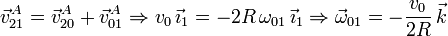 
  \vec{v}_{21}^A=\vec{v}_{20}^A+\vec{v}_{01}^A\Rightarrow
  v_0\,\vec{\imath}_1=-2R\,\omega_{01}\,\vec{\imath}_1\Rightarrow \vec{\omega}_{01}=-\dfrac{v_0}{2R}\,\vec{k}
