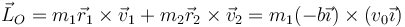 \vec{L}_O=m_1\vec{r}_1\times\vec{v}_1+m_2\vec{r}_2\times\vec{v}_2=m_1(-b\vec{\imath})\times(v_0\vec{\imath})