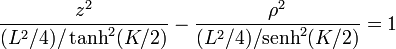 \frac{z^2}{(L^2/4)/\tanh^2(K/2)}- \frac{\rho^2}{(L^2/4)/\mathrm{senh}^2(K/2)} = 1