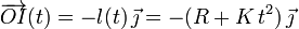 \overrightarrow{OI}(t)=-l(t)\!\ \vec{\jmath}=-(R+K\!\ t^2)\!\ \vec{\jmath}