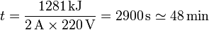 t = \frac{1281\,\mathrm{kJ}}{2\,\mathrm{A}\times 220\,\mathrm{V}}= 2900\,\mathrm{s}\simeq 48\,\mathrm{min}