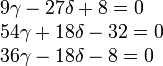 
  \begin{array}{l}
    9\gamma-27\delta + 8 =0\\
    54\gamma+18\delta - 32 =0\\
    36\gamma-18\delta - 8 =0
  \end{array}
