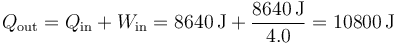 Q_\mathrm{out}=Q_\mathrm{in}+W_\mathrm{in}=8640\,\mathrm{J}+\frac{8640\,\mathrm{J}}{4.0} = 10800\,\mathrm{J}