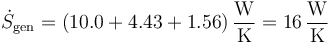 \dot{S}_\mathrm{gen}=\left(10.0+4.43+1.56\right)\frac{\mathrm{W}}{\mathrm{K}}=16\,\frac{\mathrm{W}}{\mathrm{K}}