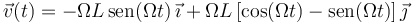 \vec{v}(t) = -\Omega L\,\mathrm{sen}(\Omega t)\,\vec{\imath}+\Omega L\left[\cos(\Omega t)-\mathrm{sen}(\Omega t)\right]\vec{\jmath}