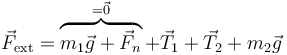 \vec{F}_\mathrm{ext}=\overbrace{m_1\vec{g}+\vec{F}_n}^{=\vec{0}}+\vec{T}_1+\vec{T}_2+m_2\vec{g}