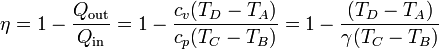 \eta = 1 - \frac{Q_\mathrm{out}}{Q_\mathrm{in}} = 1 - \frac{c_v(T_D-T_A)}{c_p(T_C-T_B)}=1 - \frac{(T_D-T_A)}{\gamma(T_C-T_B)}