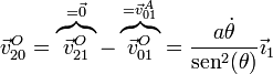 \vec{v}^O_{20}=\overbrace{\vec{v}^O_{21}}^{=\vec{0}}-\overbrace{\vec{v}^O_{01}}^{=\vec{v}^A_{01}} = \frac{a\dot{\theta}}{\mathrm{sen}^2(\theta)}\vec{\imath}_1