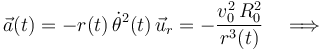 \vec{a}(t)=-r(t)\!\ \dot{\theta}^2 (t)\!\ \vec{u}_r=-\frac{v_0^2\!\ R_0^2}{r^3(t)}\quad\Longrightarrow\quad