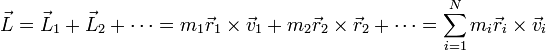 \vec{L}=\vec{L}_1+\vec{L}_2 +\cdots = m_1\vec{r}_1\times\vec{v}_1+m_2\vec{r}_2\times\vec{r}_2+\cdots = \sum_{i=1}^N m_i\vec{r}_i\times\vec{v}_i