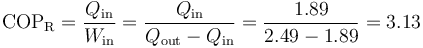 \mathrm{COP}_\mathrm{R}=\frac{Q_\mathrm{in}}{W_\mathrm{in}}=\frac{Q_\mathrm{in}}{Q_\mathrm{out}-Q_\mathrm{in}} = \frac{1.89}{2.49-1.89}=3.13