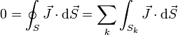 0 = \oint_S \vec{J}\cdot\mathrm{d}\vec{S}=\sum_k\int_{S_k} \vec{J}\cdot\mathrm{d}\vec{S}