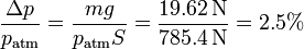 \frac{\Delta p}{p_\mathrm{atm}} = \frac{mg}{p_\mathrm{atm}S}=\frac{19.62\,\mathrm{N}}{785.4\,\mathrm{N}}=2.5\%