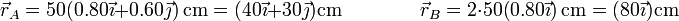 \vec{r}_A = 50(0.80\vec{\imath}+0.60\vec{\jmath})\,\mathrm{cm} = (40\vec{\imath}+30\vec{\jmath})\mathrm{cm}\qquad\qquad \vec{r}_B = 2\cdot 50(0.80\vec{\imath})\,\mathrm{cm} = (80\vec{\imath})\mathrm{cm}