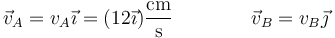 \vec{v}_A = v_A\vec{\imath} = (12\vec{\imath})\frac{\mathrm{cm}}{\mathrm{s}}\qquad\qquad \vec{v}_B = v_B\vec{\jmath}