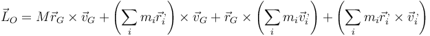 
\vec{L}_O  =  M\vec{r}_G\times\vec{v}_G +\left(\sum_im_i\vec{r}^{\,,}_i\right)\times\vec{v}_G + 
\vec{r}_G\times\left(\sum_im_i\vec{v}^{\,,}_i\right)+\left(\sum_im_i\vec{r}^{\,,}_i\times\vec{v}^{\,,}_i\right)
