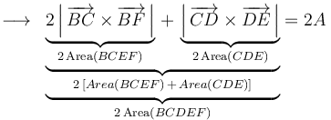 \,\,\,\longrightarrow\,\,\,\underbrace{\underbrace{\underbrace{2\left|\,\overrightarrow{BC}\times\overrightarrow{BF}\,\right|}_{2\,\mathrm{Area}(BCEF)}\,+\,\underbrace{\left|\,\overrightarrow{CD}\times\overrightarrow{DE}\,\right|}_{2\,\mathrm{Area}(CDE)}}_{2\,[Area(BCEF)\,+\,Area(CDE)]}}_{2\,\mathrm{Area}(BCDEF)}=2A\,