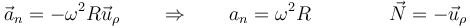 \vec{a}_n=-\omega^2R\vec{u}_\rho\qquad\Rightarrow\qquad a_n=\omega^2R\qquad\qquad \vec{N}=-\vec{u}_\rho