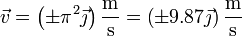 \vec{v}=\left(\pm \pi^2\vec{\jmath}\right)\frac{\mathrm{m}}{\mathrm{s}}= \left(\pm 9.87\vec{\jmath}\right)\frac{\mathrm{m}}{\mathrm{s}}