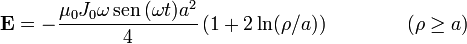 \mathbf{E}= -\frac{\mu_0J_0\omega\,\mathrm{sen}\,(\omega t)a^2}{4}\left(1+2\ln(\rho/a)\right)\qquad\qquad(\rho\geq a)