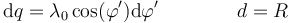 \mathrm{d}q = \lambda_0\cos(\varphi')\mathrm{d}\varphi'\qquad\qquad d = R