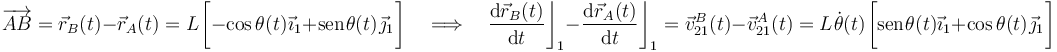 \overrightarrow{AB}=\vec{r}_B(t)-\vec{r}_A(t)=L\!\ \bigg[-\cos\theta(t)\!\ \vec{\imath}_1+\mathrm{sen}\!\ \theta(t)\!\ \vec{\jmath}_1\!\ \bigg]\quad\Longrightarrow\quad\frac{\mathrm{d}\vec{r}_B(t)}{\mathrm{d}t}\bigg\rfloor_1-\!\ \frac{\mathrm{d}\vec{r}_A(t)}{\mathrm{d}t}\bigg\rfloor_1=\vec{v}_{21}^B(t)-\vec{v}_{21}^A(t)=L\!\ \dot{\theta}(t)\!\ \bigg[\mathrm{sen}\!\ \theta(t)\vec{\imath}_1+\cos\theta(t)\!\ \vec{\jmath}_1\!\ \bigg]