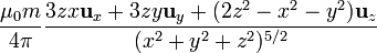 \frac{\mu_0m}{4\pi}\frac{3zx\mathbf{u}_x+3zy\mathbf{u}_y+(2z^2-x^2-y^2)\mathbf{u}_z}{(x^2+y^2+z^2)^{5/2}}