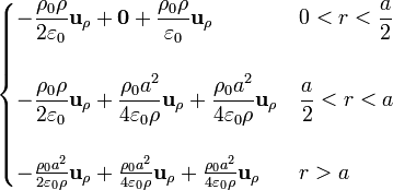 \begin{cases}\displaystyle-\frac{\rho_0\rho}{2\varepsilon_0}\mathbf{u}_\rho+\mathbf{0}+\frac{\rho_0\rho}{\varepsilon_0}\mathbf{u}_\rho & \displaystyle 0 < r < \frac{a}{2} \\ & \\ \displaystyle-\frac{\rho_0\rho}{2\varepsilon_0}\mathbf{u}_\rho+\frac{\rho_0a^2}{4\varepsilon_0\rho}\mathbf{u}_\rho+\frac{\rho_0a^2}{4\varepsilon_0\rho}\mathbf{u}_\rho & \displaystyle \frac{a}{2} < r < a \\ & \\ -\frac{\rho_0a^2}{2\varepsilon_0\rho}\mathbf{u}_\rho+\frac{\rho_0a^2}{4\varepsilon_0\rho}\mathbf{u}_\rho +\frac{\rho_0a^2}{4\varepsilon_0\rho}\mathbf{u}_\rho & r>a\end{cases}