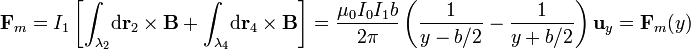 
\mathbf{F}_m=I_1\left[\int_{\lambda_2}\!\mathrm{d}\mathbf{r}_2\times\mathbf{B}+\int_{\lambda_4}\!\mathrm{d}\mathbf{r}_4\times\mathbf{B}\right]=
\frac{\mu_0I_0I_1b}{2\pi}\left(\frac{1}{y-b/2}-\frac{1}{y+b/2}\right)\mathbf{u}_y=\mathbf{F}_m(y)
