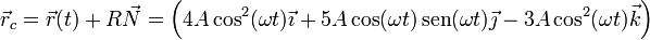 \vec{r}_c = \vec{r}(t) + R\vec{N} = \left(4A\cos^2(\omega t)\vec{\imath}+5A\cos(\omega t)\,\mathrm{sen}(\omega t)\vec{\jmath}-3A\cos^2(\omega t)\vec{k}\right)