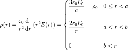 \rho(r)
=\frac{\varepsilon_0}{r^2}\frac{\mathrm{d}\ }{\mathrm{d}r}\left(r^2E(r)\right)=
\begin{cases}\displaystyle\frac{3\varepsilon_0
E_0}{a}=\rho_0 & 0\leq r < a \\ & \\
\displaystyle\frac{2\varepsilon_0 E_0}{r} & a< r < b \\ & \\
0  & b < r\end{cases}