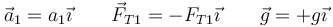 \vec{a}_1 = a_1 \vec{\imath}\qquad \vec{F}_{T1}=-F_{T1}\vec{\imath}\qquad\vec{g}=+g\vec{\imath}