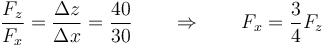 \frac{F_z}{F_x}=\frac{\Delta z}{\Delta x}=\frac{40}{30}\qquad\Rightarrow\qquad F_x = \frac{3}{4}F_z