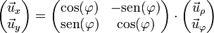 \begin{pmatrix}\vec{u}_x \\\vec{u}_y\end{pmatrix} = \begin{pmatrix}\cos(\varphi) & -\mathrm{sen}(\varphi)\\ \mathrm{sen}(\varphi) & \cos(\varphi)\end{pmatrix}\cdot \begin{pmatrix}\vec{u}_\rho \\\vec{u}_\varphi\end{pmatrix}