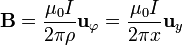 \mathbf{B}=\frac{\mu_0I}{2\pi\rho}\mathbf{u}_{\varphi}=\frac{\mu_0I}{2\pi x}\mathbf{u}_{y} 