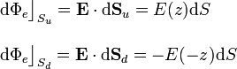 \begin{array}{l}\mathrm{d}\Phi_e\big\rfloor_{S_u}=\mathbf{E}\cdot\mathrm{d}\mathbf{S}_u=E(z)\mathrm{d}S\\ \\ \mathrm{d}\Phi_e\big\rfloor_{S_d}=\mathbf{E}\cdot\mathrm{d}\mathbf{S}_d=-E(-z)\mathrm{d}S\end{array}