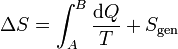 \Delta S = \int_A^B\frac{\mathrm{d}Q}{T}+S_\mathrm{gen}