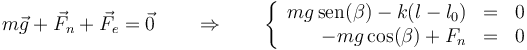 m\vec{g}+\vec{F}_n+\vec{F}_e=\vec{0}\qquad\Rightarrow\qquad \left\{\begin{array}{rcl}
mg\,\mathrm{sen}(\beta)-k(l-l_0)&=& 0 \\ -mg\cos(\beta)+F_n & = & 0 \end{array}\right.