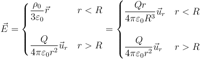 \vec{E}=\begin{cases} \displaystyle \frac{\rho_0}{3\varepsilon_0}\vec{r} & r < R \\ & \\ \displaystyle\frac{Q}{4\pi\varepsilon_0 r^2}\vec{u}_r & r > R \end{cases}=\begin{cases} \displaystyle \frac{Qr}{4\pi\varepsilon_0R^3}\vec{u}_r & r < R \\ & \\ \displaystyle\frac{Q}{4\pi\varepsilon_0 r^2}\vec{u}_r & r > R \end{cases}