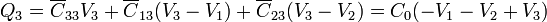 Q_3 = \overline{C}_{33}V_3+\overline{C}_{13}(V_3-V_1)+\overline{C}_{23}(V_3-V_2) = C_0(-V_1-V_2+V_3)