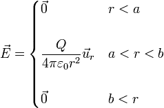 \vec{E}=\begin{cases} \vec{0} & r < a \\ & \\ \displaystyle\frac{Q}{4\pi\varepsilon_0 r^2}\vec{u}_r & a < r < b \\ & \\ \vec{0} & b < r  \end{cases}