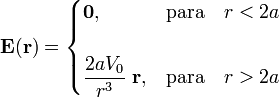 \mathbf{E}(\mathbf{r})=\begin{cases}\mathbf{0}\mathrm{,}&\mathrm{para}\quad r<2a\\ \\ \displaystyle\frac{2aV_0}{r^3}\ \mathbf{r}\mathrm{,}&\mathrm{para}\quad r>2a \end{cases}