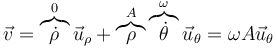 \vec{v} = \overbrace{\dot{\rho}}^{0}\vec{u}_\rho + \overbrace{\rho}^{A}\overbrace{\dot{\theta}}^{\omega}\vec{u}_\theta = \omega A\vec{u}_\theta